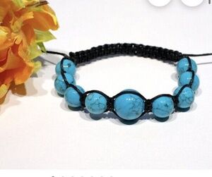 Beaded Adjustable Bracelet Blue Turquoise 7" - 8.5" Inches Long Black Cord